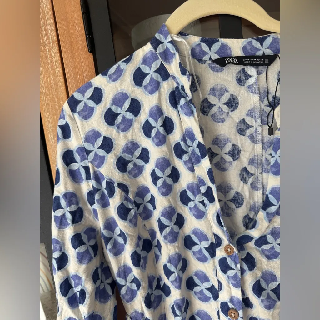 Zara linen mini dress long sleeve block print shirt tie waist flare - Image 7