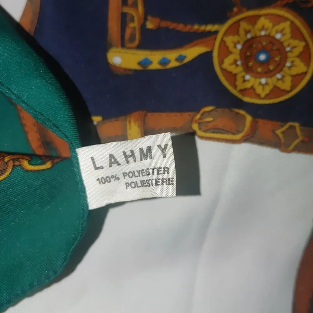 Vintage Lahmy Italian Hand Rolled Equestrian Square Scarf Green Blue White Print Size 26 - Image 2