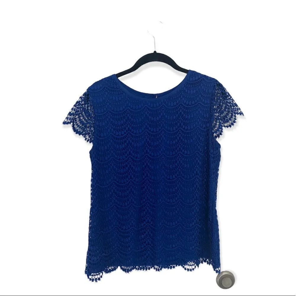 Banana Republic 4P Petite Royal Blue Crochet Lace Top – Lined Short Sleeve Blous - Image 2