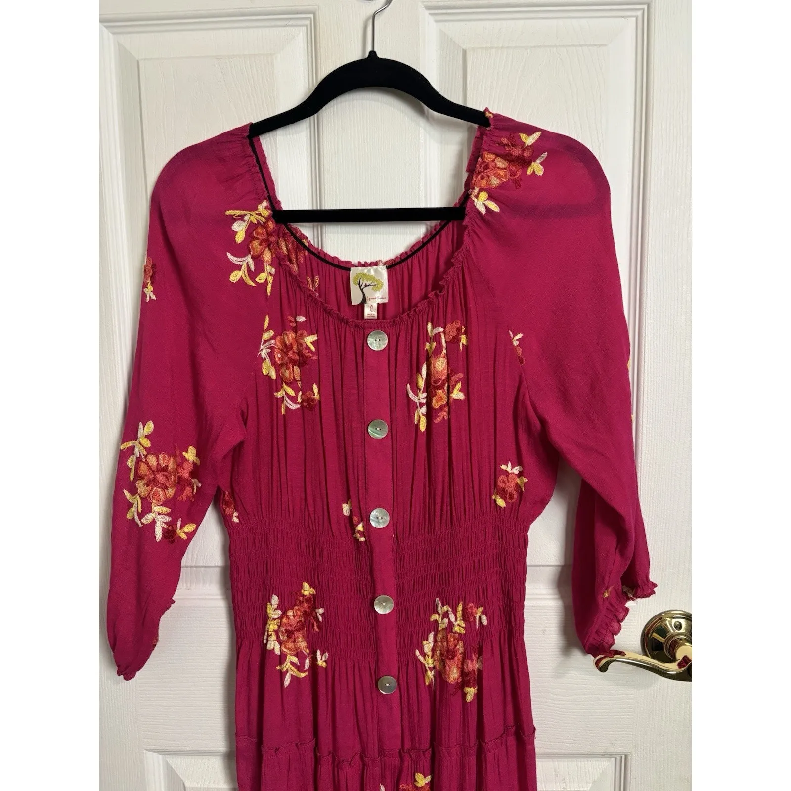 Anthropologie Fig & Flower Pink Floral Embroidered Tiered Maxi Dress Size Large - Image 3