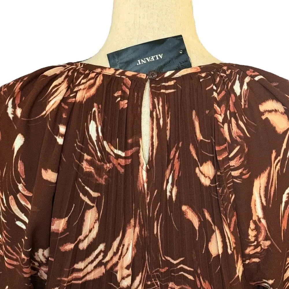 Alfani Medium Pleated Top Round Neck Long Sleeves Swirl Abstract Print Brown New - Image 6