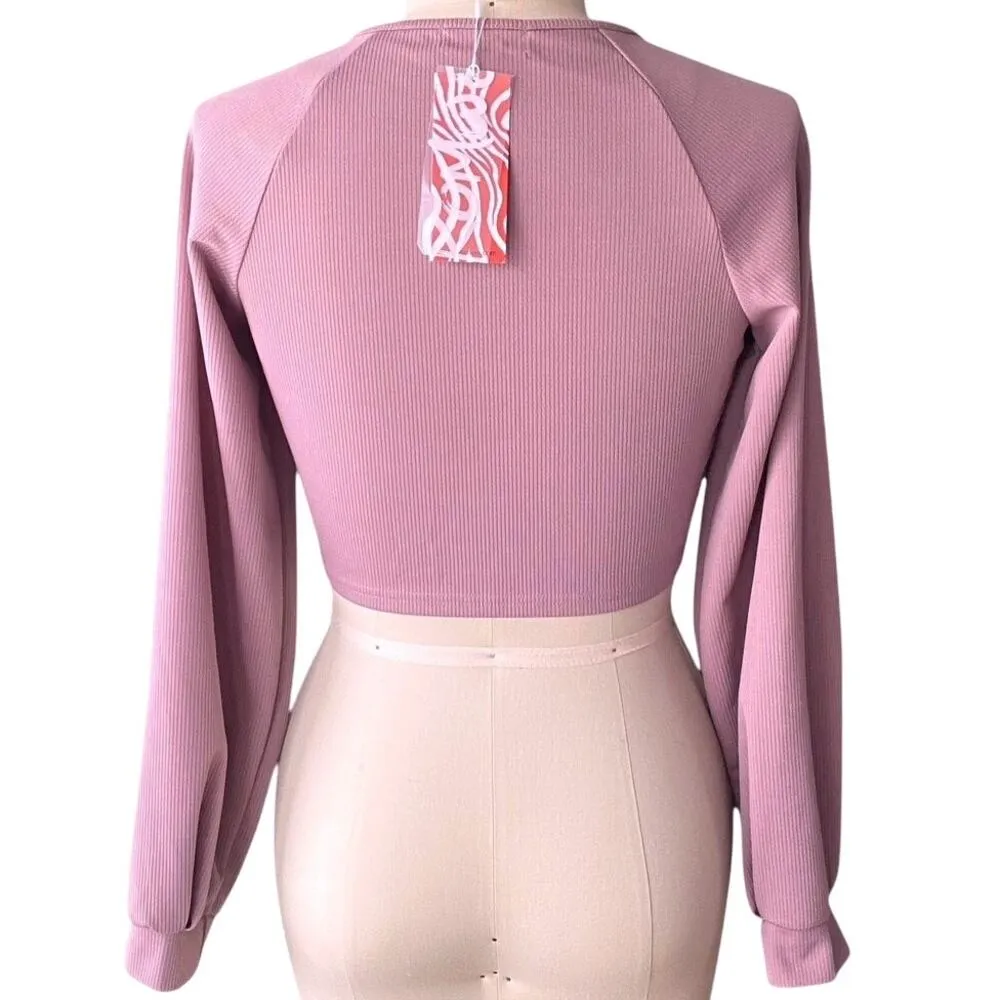 NWT ~ ROMWE Pink Ribbed Front Tie Cropped Long Sleeve Top ~ Women's Size LARGE - Image 6