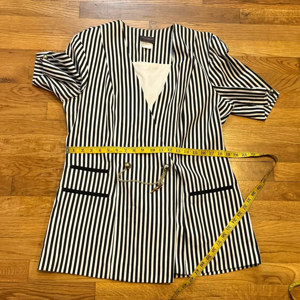 Tina Barrie Vintage Women Black White Striped Short Sleeve Button Blazer Shirt Size L - Image 8