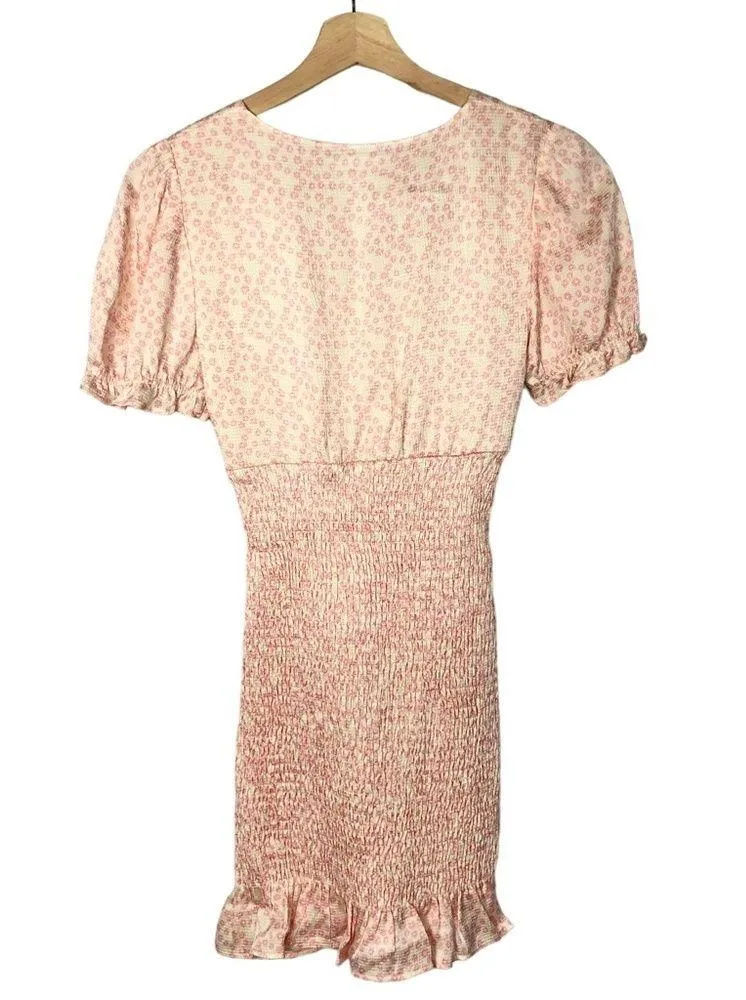 Zara Light Pink Ditsy Floral Smocked Mini Dress XS - Image 3