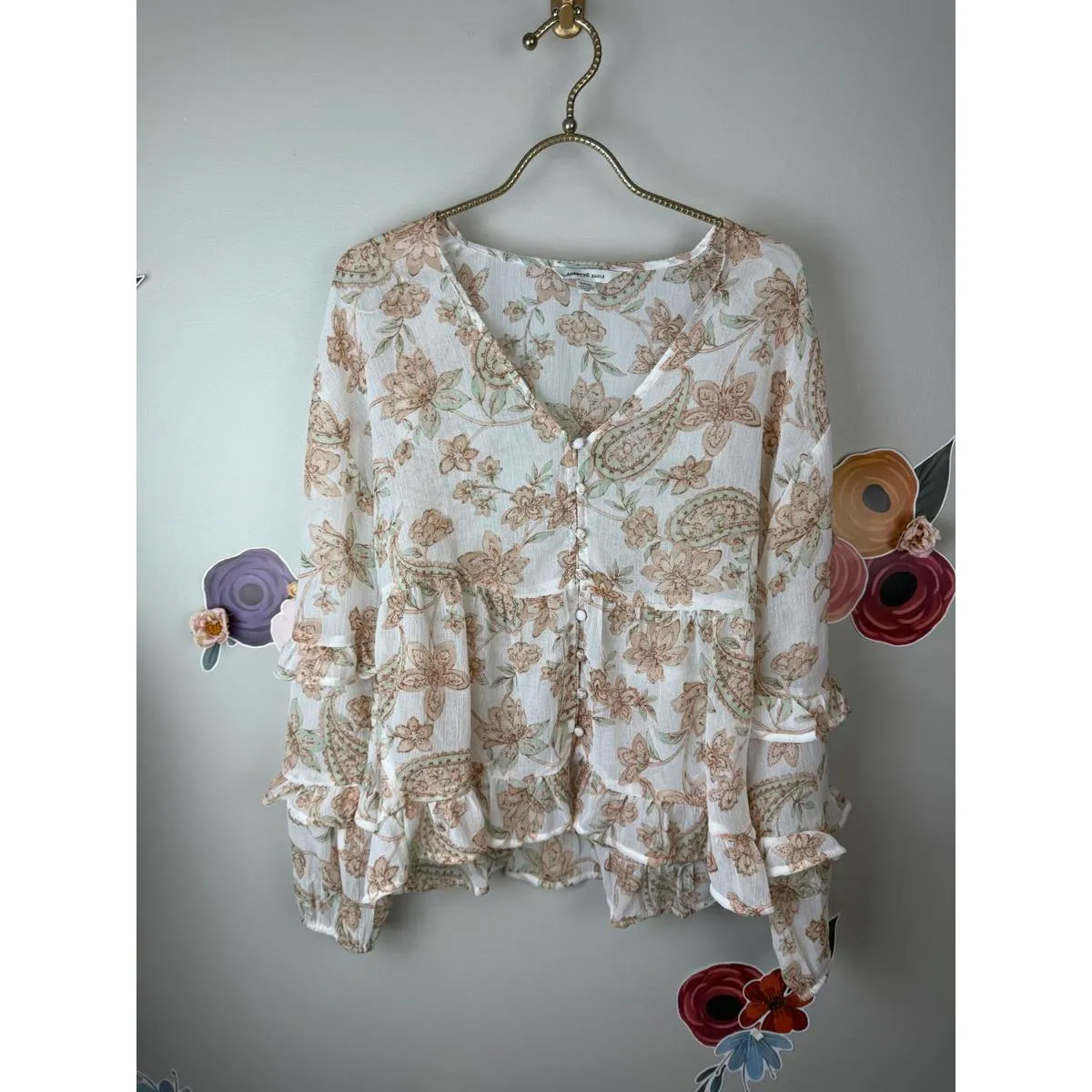 American Eagle Long Ruffle Sleeve White Paisley Blouse - Size - Small - Image 5