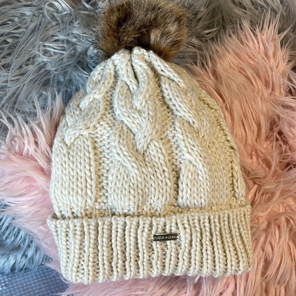 Steve Madden Cap Beige Cable Knit Hat Winter Toboggan Ski Beanie Womens New - Image 4