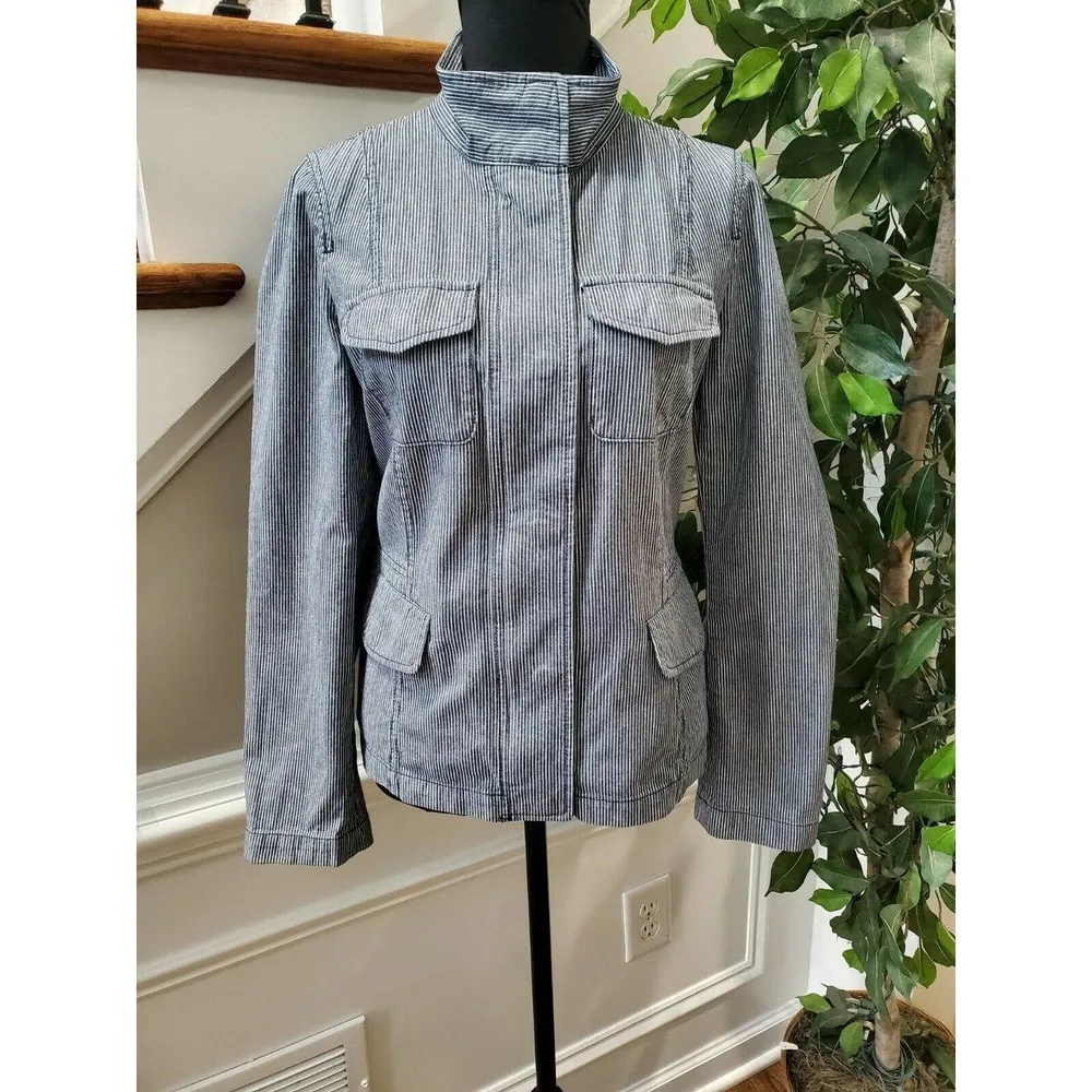 Talbots Women Blue Striped 100% Cotton Long Sleeve FullZip Front Casual Jacket 8 - Image 12