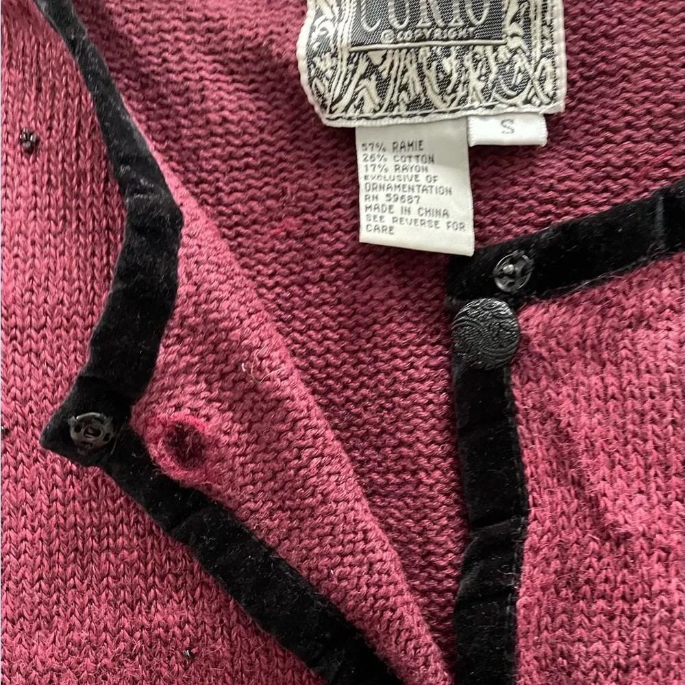 Vintage Curio maroon black boho floral embroidered beaded cardigan, size S Red - Image 6