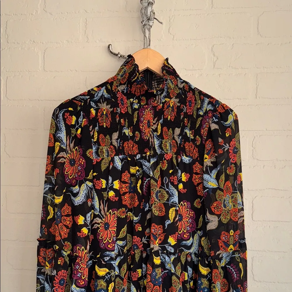 Cinq a sept dress Floral Patterned Long Sleeve smocked mock neck size 2 lined Black - Image 3
