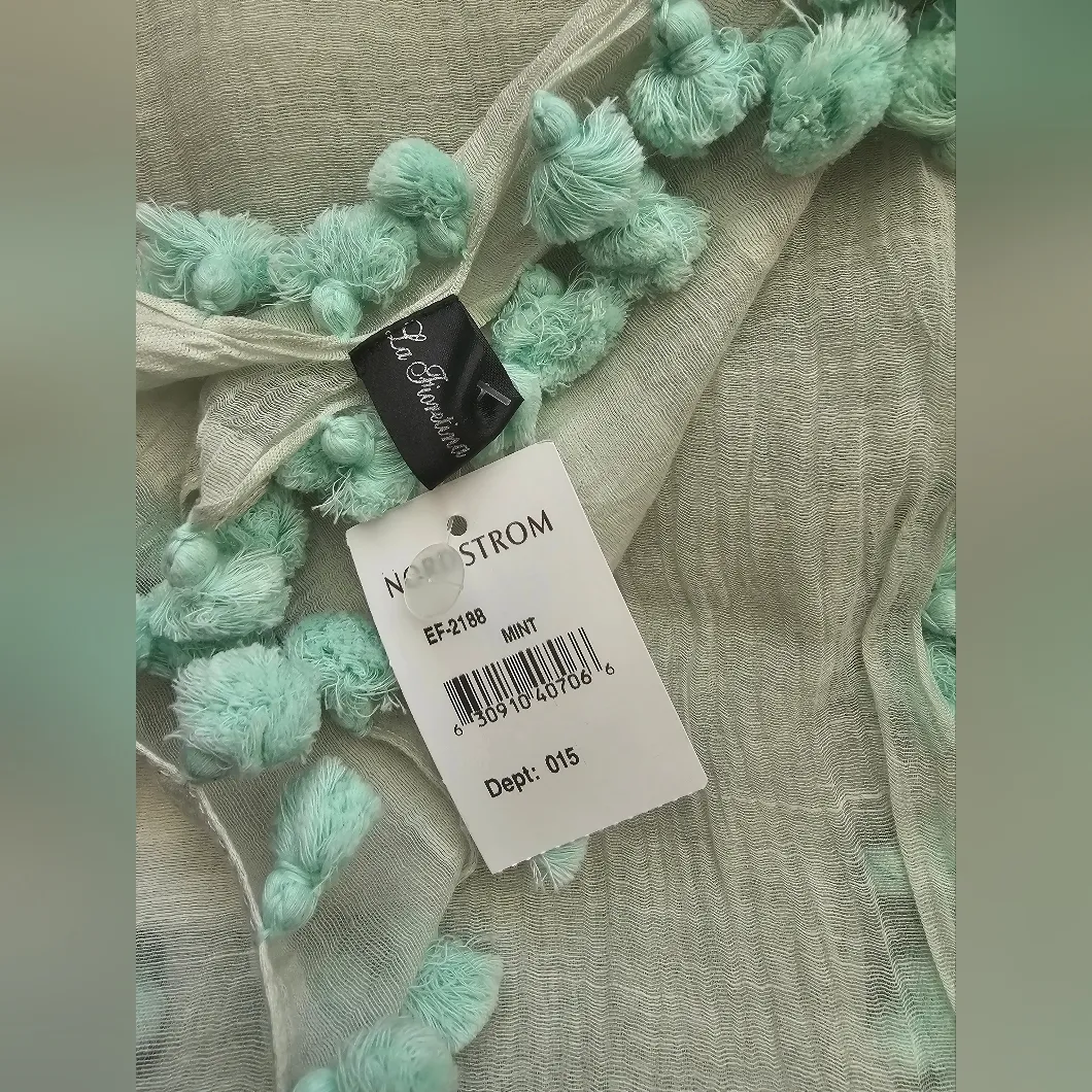 La Fiorentina Silk Cotton Blend Sheer Light Blue Tassel Scarf Wrap New With Tags - Image 4