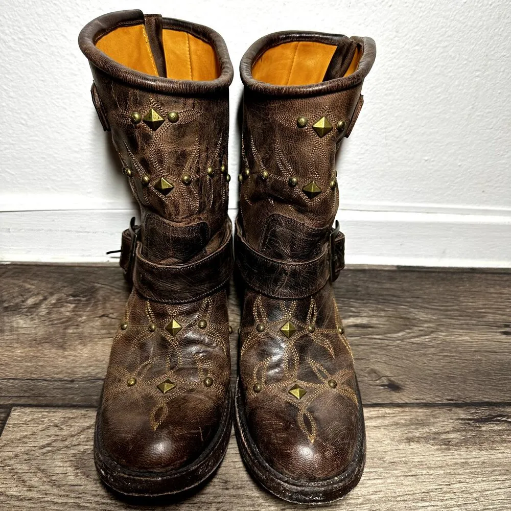 Old Gringo Ankle Moto Boots Leather Embroidered Studded Semi Pointed Brown 7.5B - Image 4