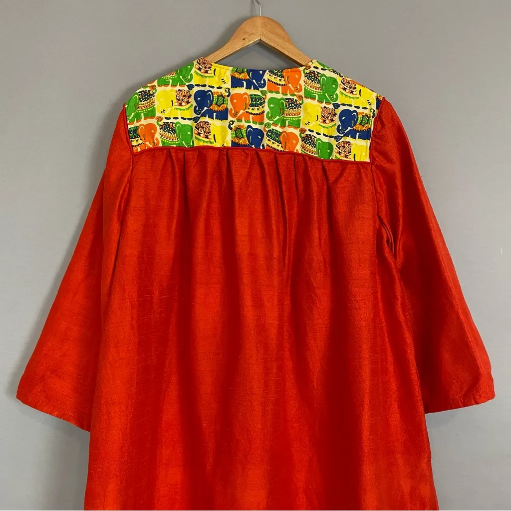 Vintage Caftan Dress Maxi Women Kaftan Muumuu Elephants‎ Reddish Orange Zip - Image 5