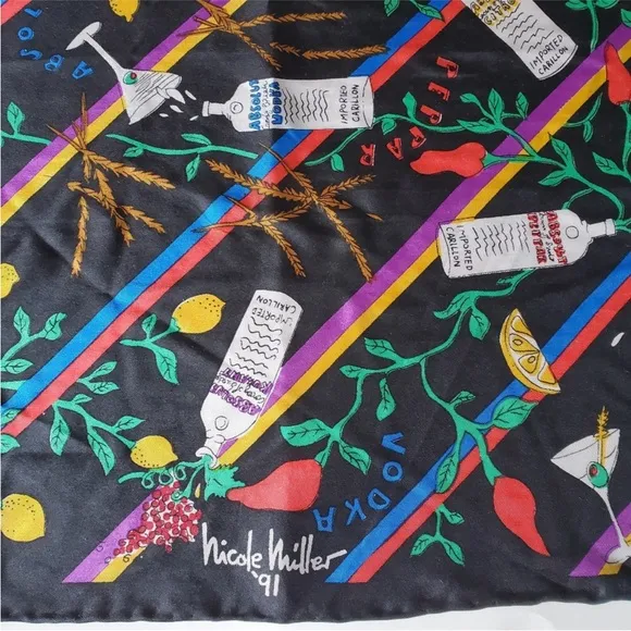 Vintage 90s Nicole Miller '91 Absolut Vodka Silk Scarf Square Alcohol Colorful - Image 2