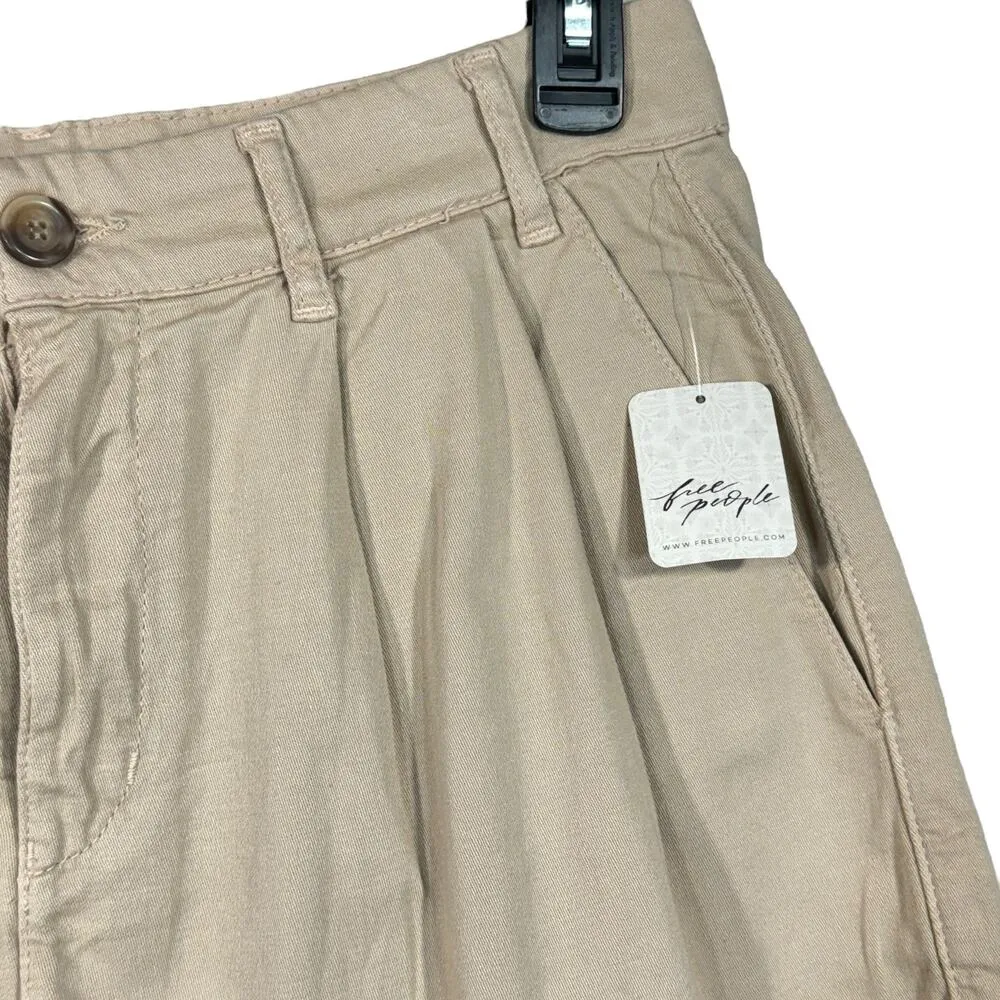 Free People SZ 12 Billie Chino Shorts Hi-Rise Pleated Pocket Zip-Fly Almond Milk - Image 2