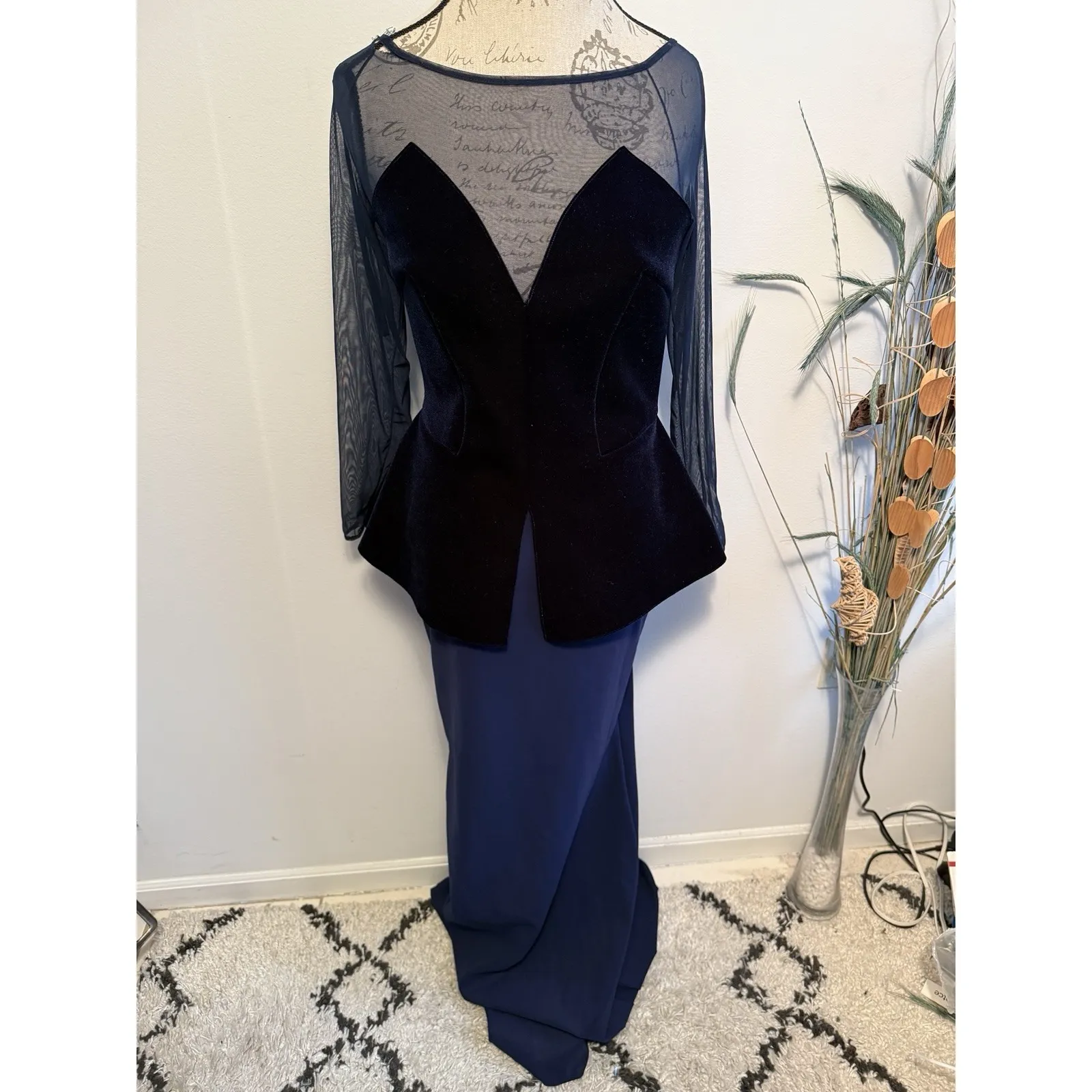 $1091 Chiara Boni‎ Women's Blue Velvet Peplum Illusion Gown Dress Size 46 - Image 2