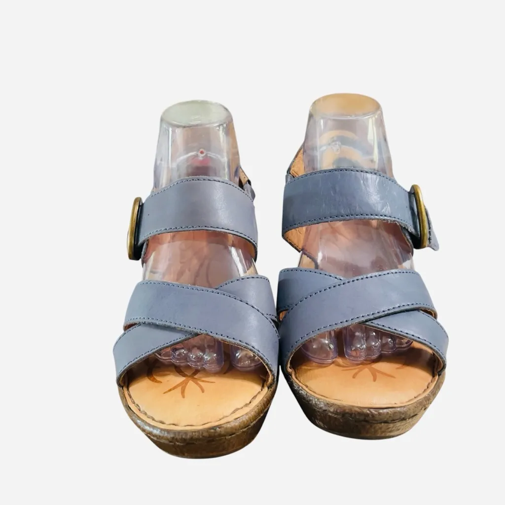 Born Wedge Sandals Womens Size 9 M Blue Leather Strappy Buckle Comfort Shoes - Image 2