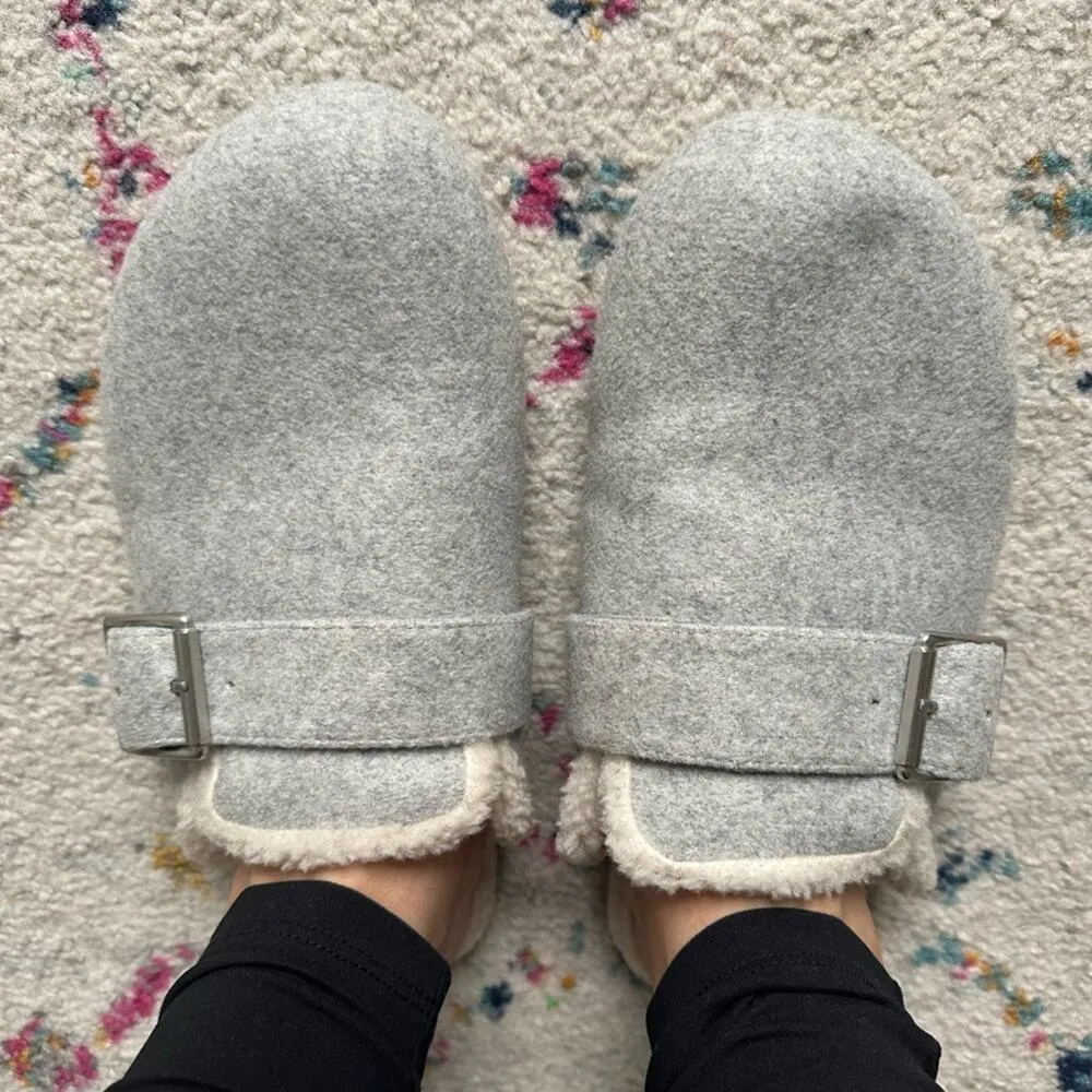J. Crew Fuzzy Gray Cream Buckle Clog Slippers Women’s size 7 comfy cozy soft - Image 7