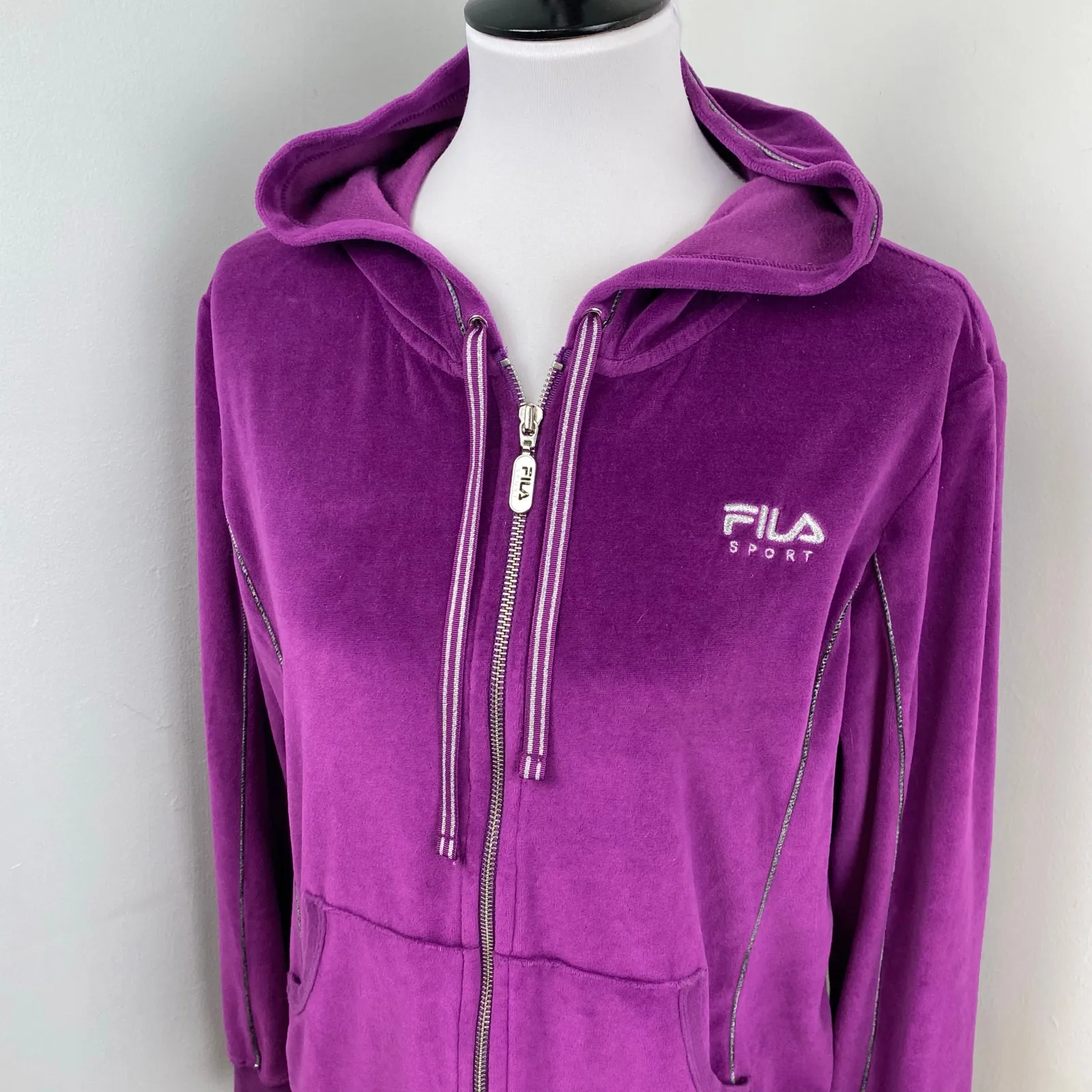 Fila Y2K Rich Purple Velour Track Hooded Jacket XL - Image 2