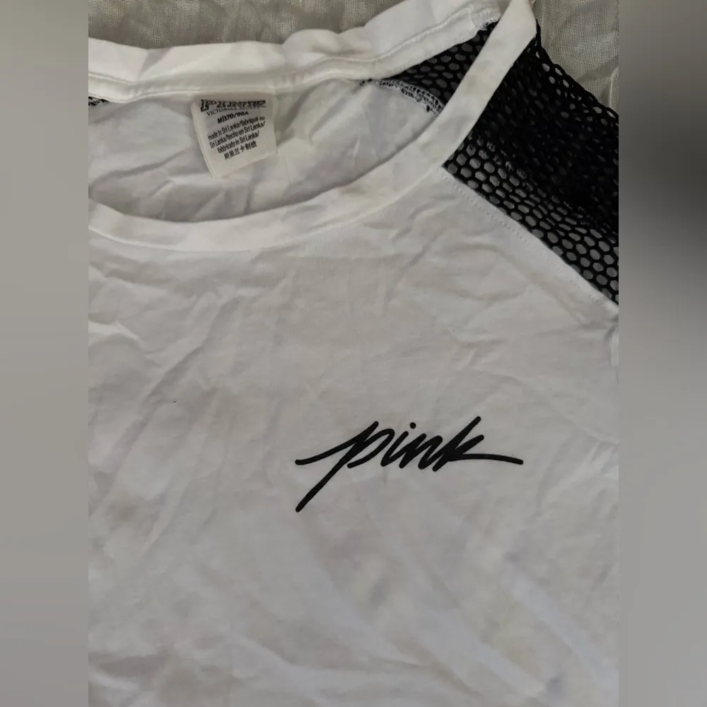 PINK Victoria's Secret White Crop Top with Black Mesh Sleeves - Image 3