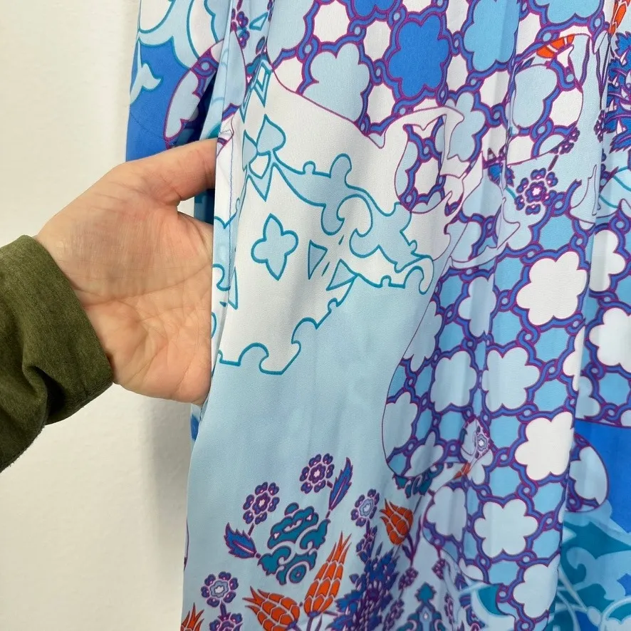 Natori Blue Floral Print Maxi Dress Size M V-Neck 3/4 Sleeve Resort‎ Wear Flowy - Image 6