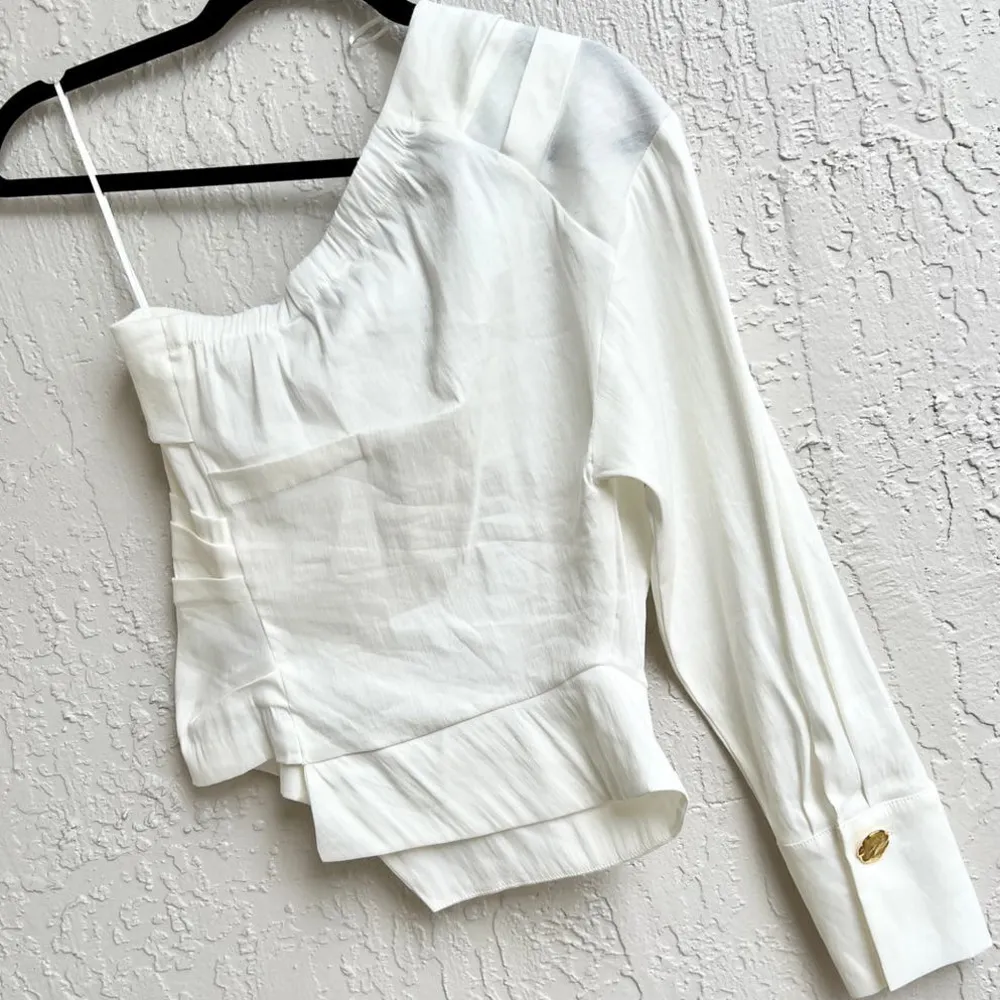 NWT Zara One Shoulder Asymmetrical Pleated Linen Blend Top White Women XS - Image 4