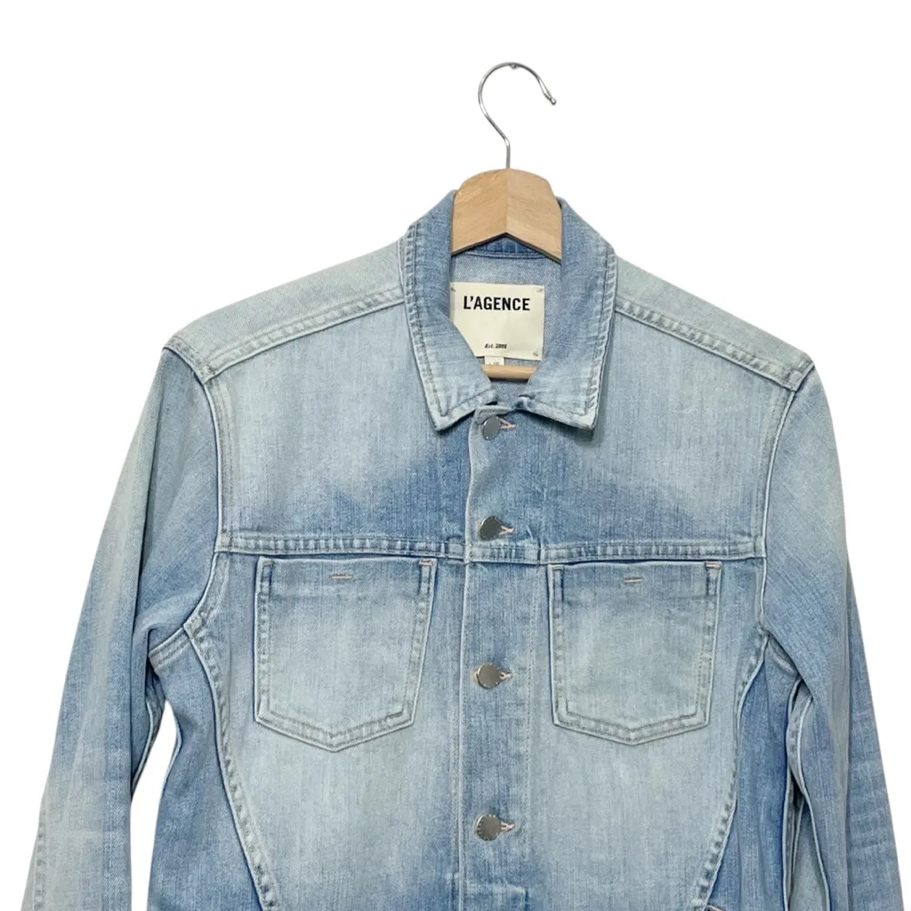 L’AGENCE Janelle Denim Jacket Women’s Large Light Wash Slim Fit Raw Hem - Image 3