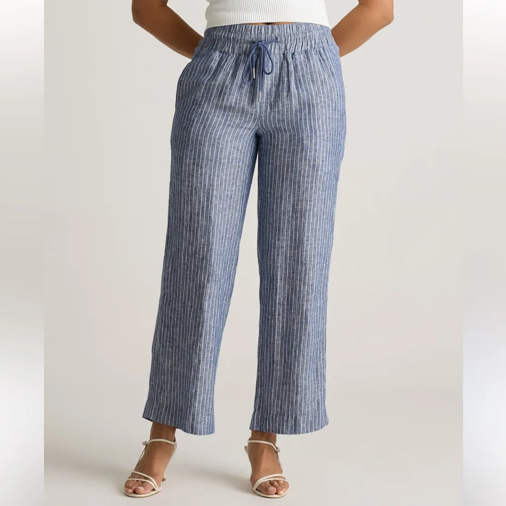 Quince European linen wide leg cropped pants chambray stripe L - Image 2