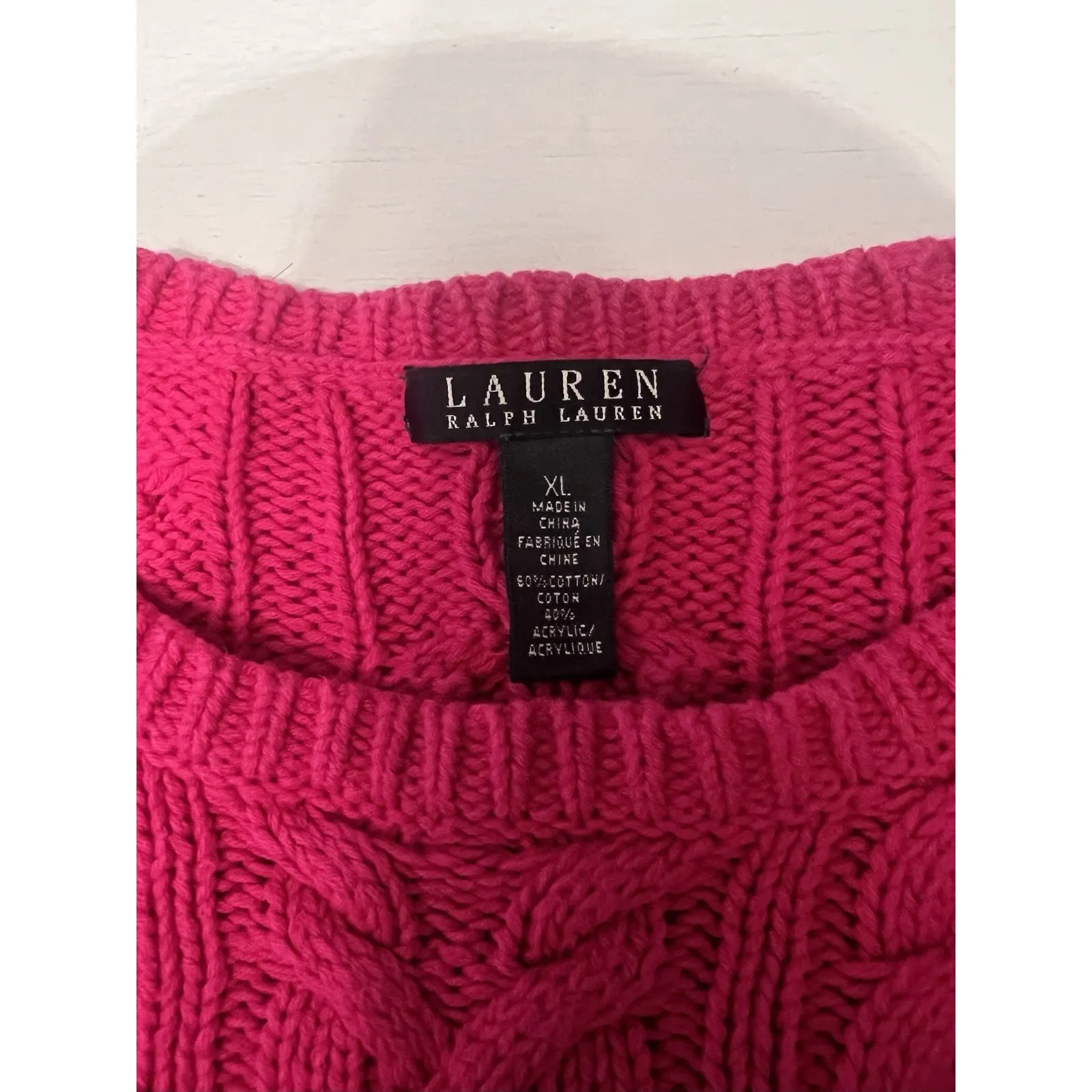 Lauren Ralph Lauren XL Hot Pink Chunky Cable Knit Pullover Fisherman Sweater - Image 2