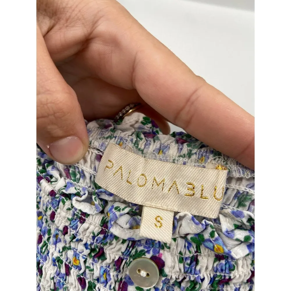 Paloma Blue Pearl Floral Print Smocked Tie Shoulder White Jumpsuit Size Small - Image 6