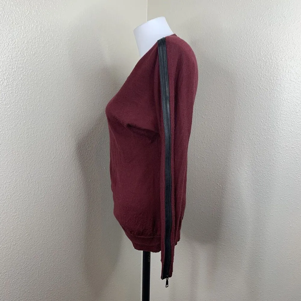 L/S Zipper Sleeves Pullover Merino Wool Sweater Top Sz S Burgundy - Image 3