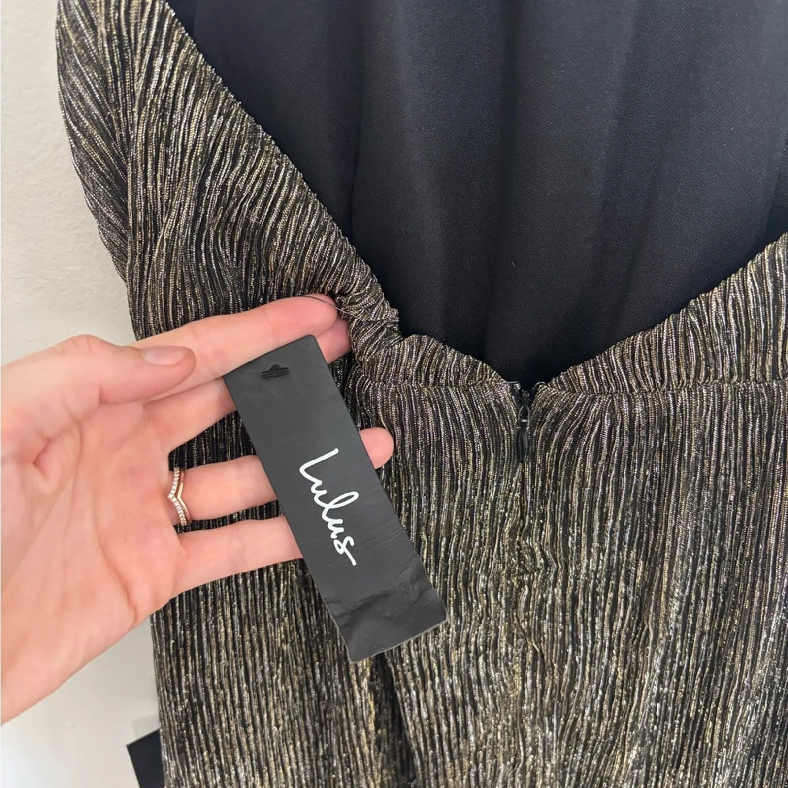 NWT Lulus Turn Up The Shine Black and Gold Metallic Halter Mini Dress - Size M - Image 6