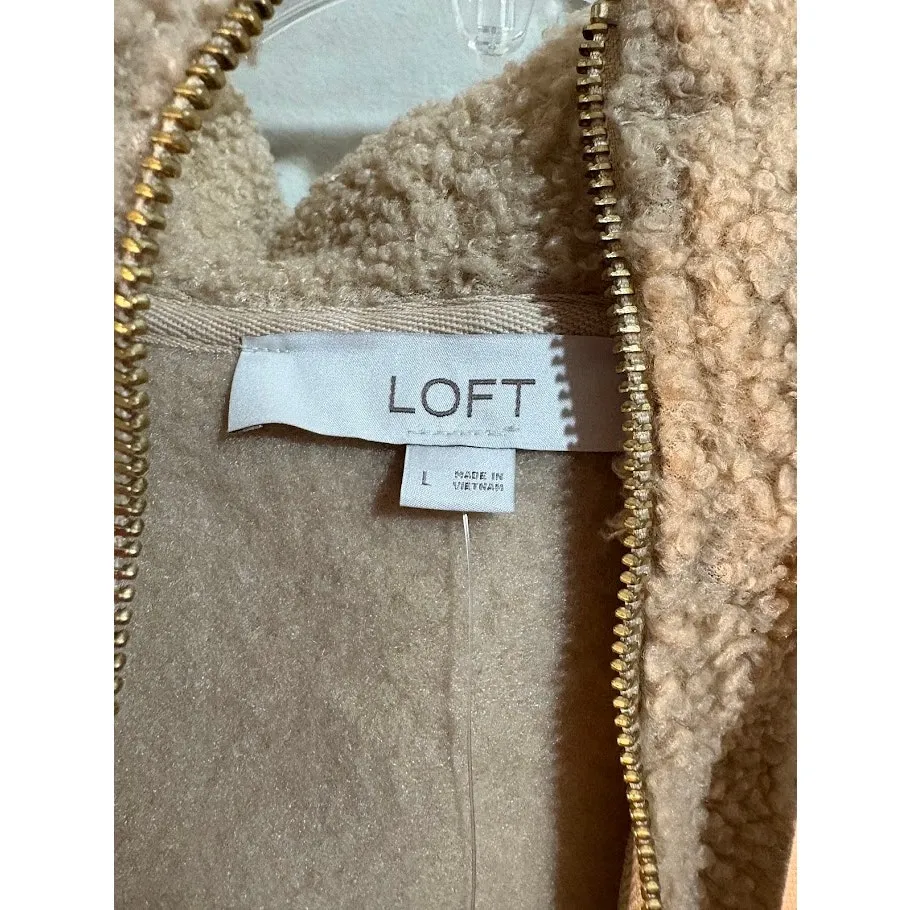 Loft Women's Tan Sherpa Teddy Hoodie Sweater Size Large NWT - Image 8