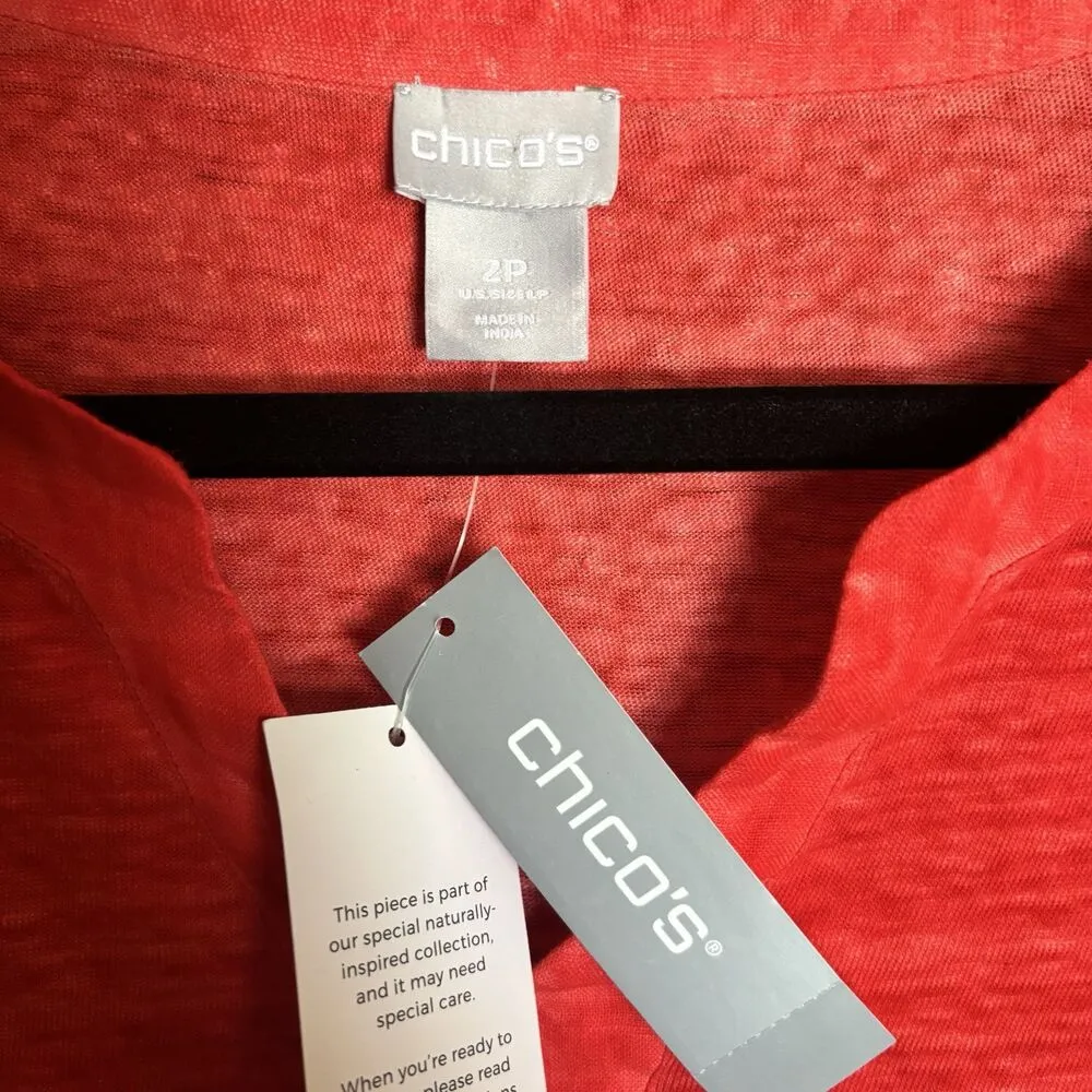 Chicos Linen Split Neck Tunic Top Womens Large Petite 2P Red Flame Blouse - Image 7