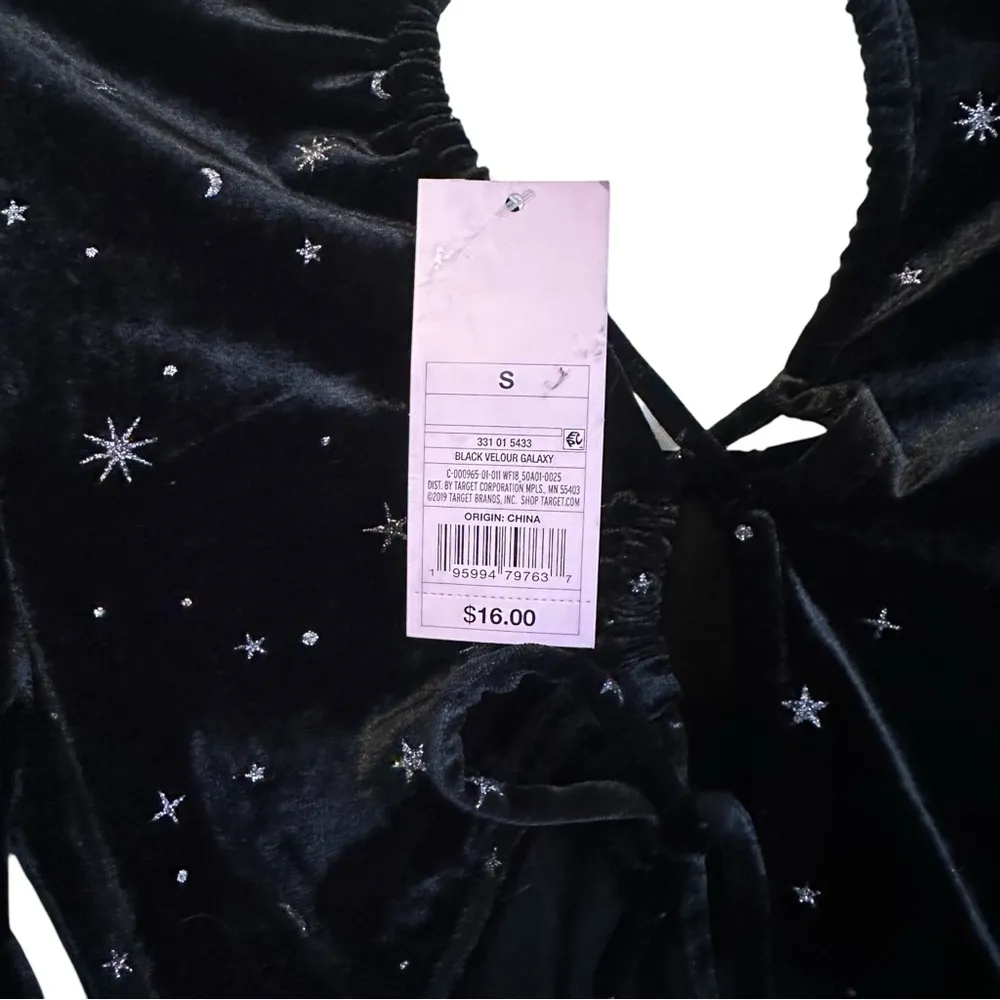 NEW  Black Long Sleeve Velvet Celestial Stars Moons Sun Silver Metallic Small - Image 3