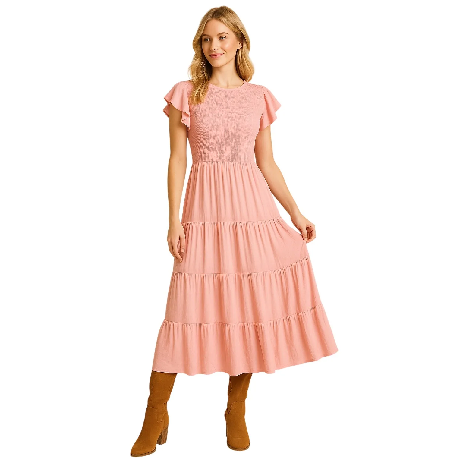 ZESICA Smocked Flutter Sleeve Cottagecore Romantic Midi Dress – Pink – Size L Size L - Image 6