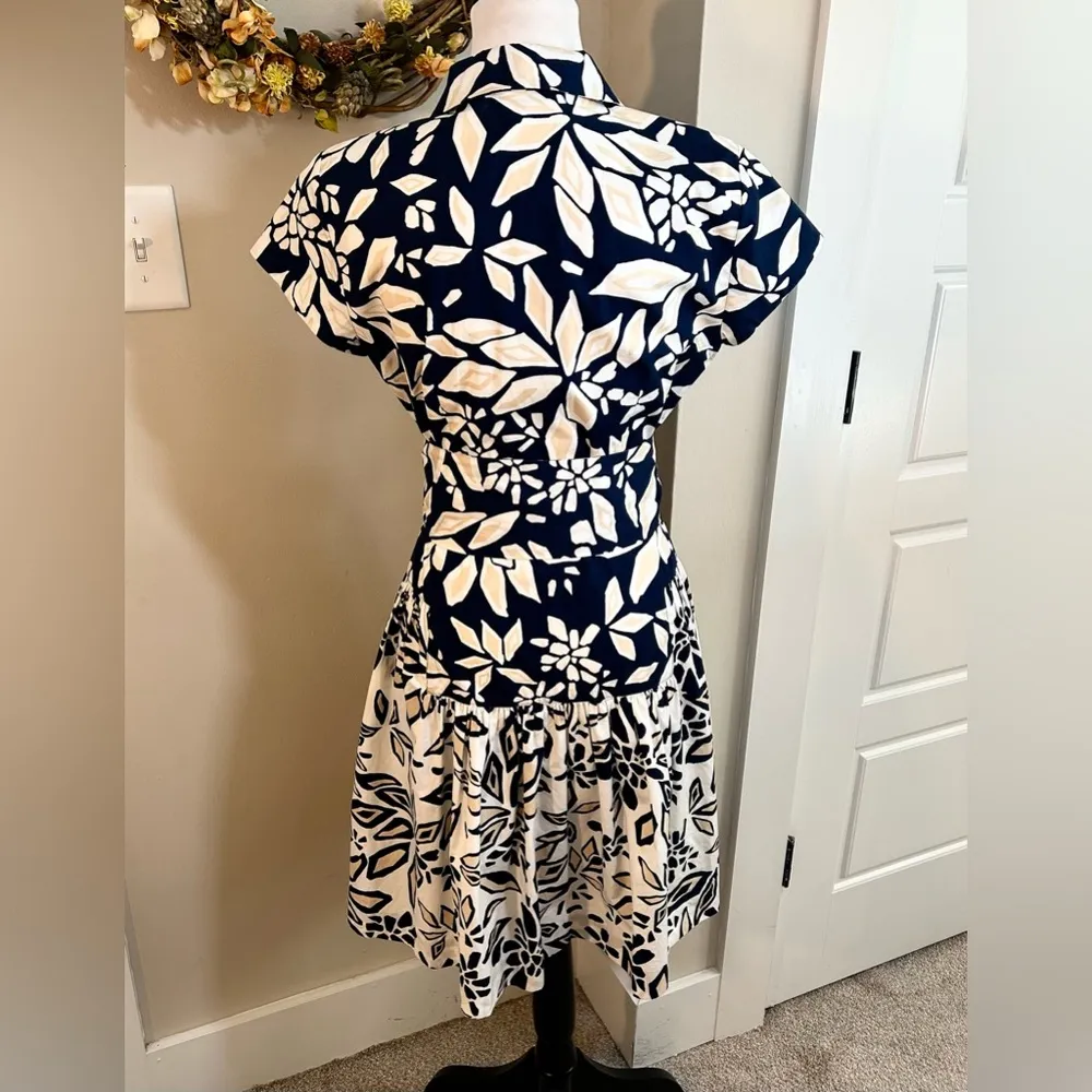 DIANE VON FURSTENBERG  Nautical Floral Navy/White Tie Waist Shirt Dress Womens 6 - Image 7