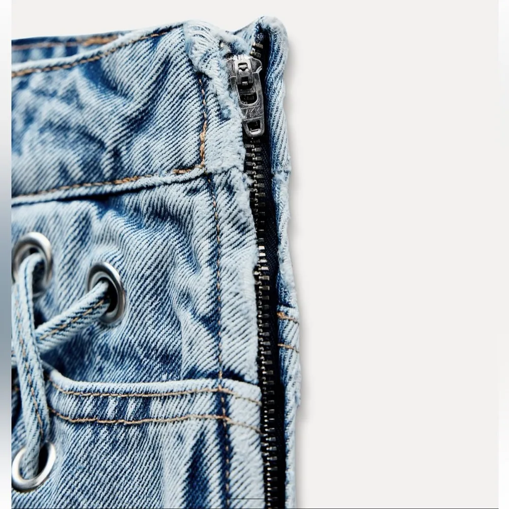 Zara NWT denim jean mini skirt with lace lacing detail - Image 9