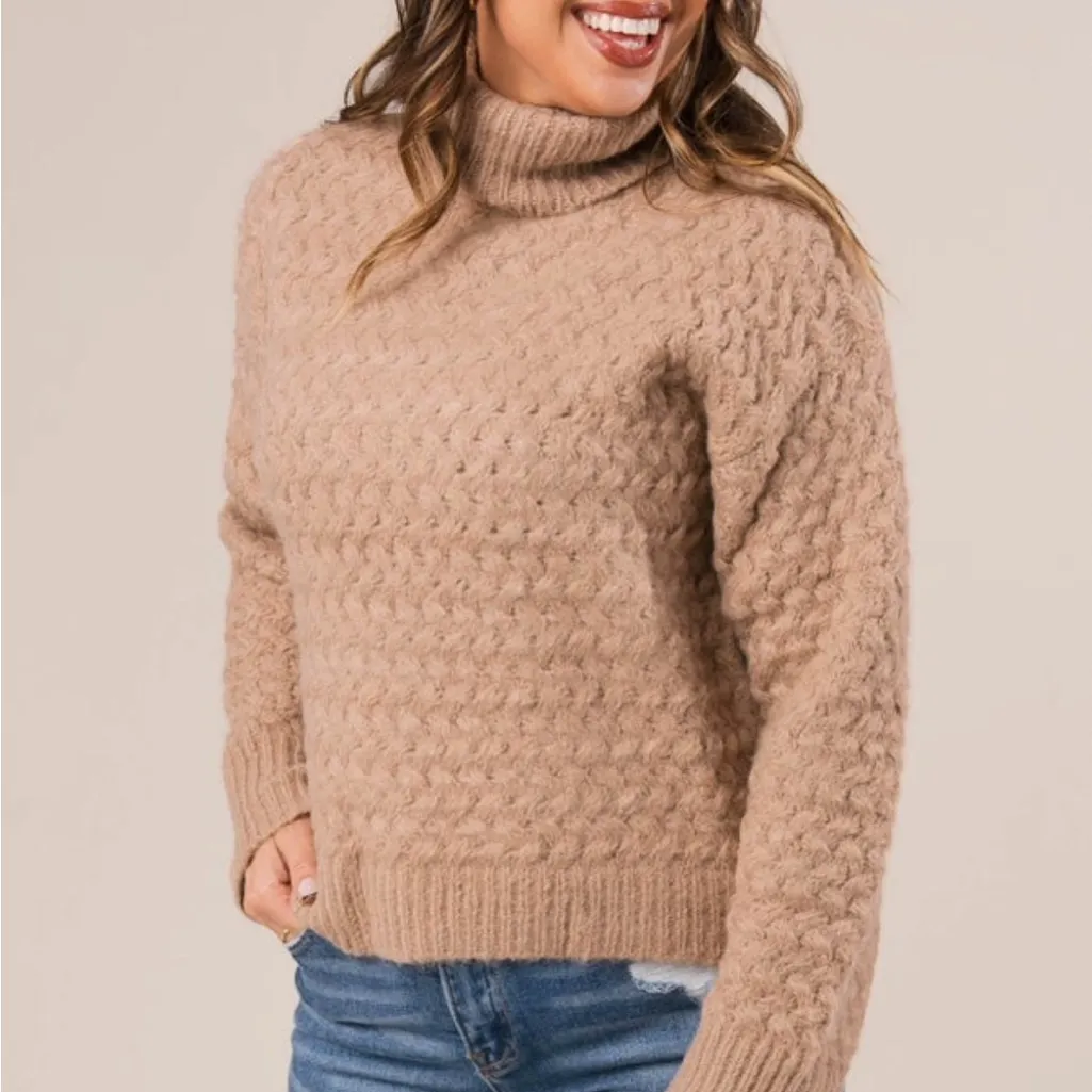 Double Zero Large Basketweave Knit Tan Turtleneck Sweater NWOT - Image 2