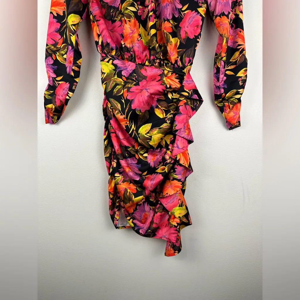 For Love and Lemons Dakota Black Floral Satin Long Sleeves Ruffle Dress Sz XXS - Image 7