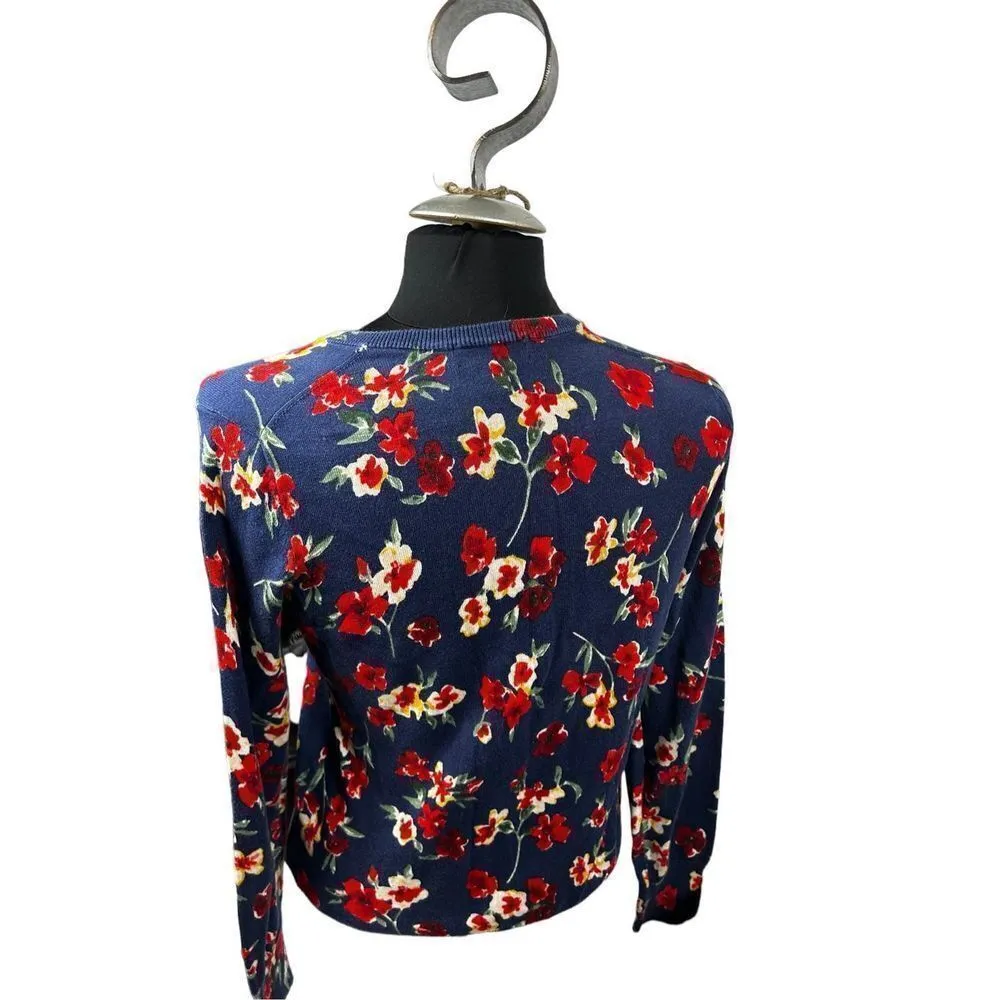 Lands' End Navy Blue Red Floral Cardigan Sweater small Supima Cotton Nice! - Image 2