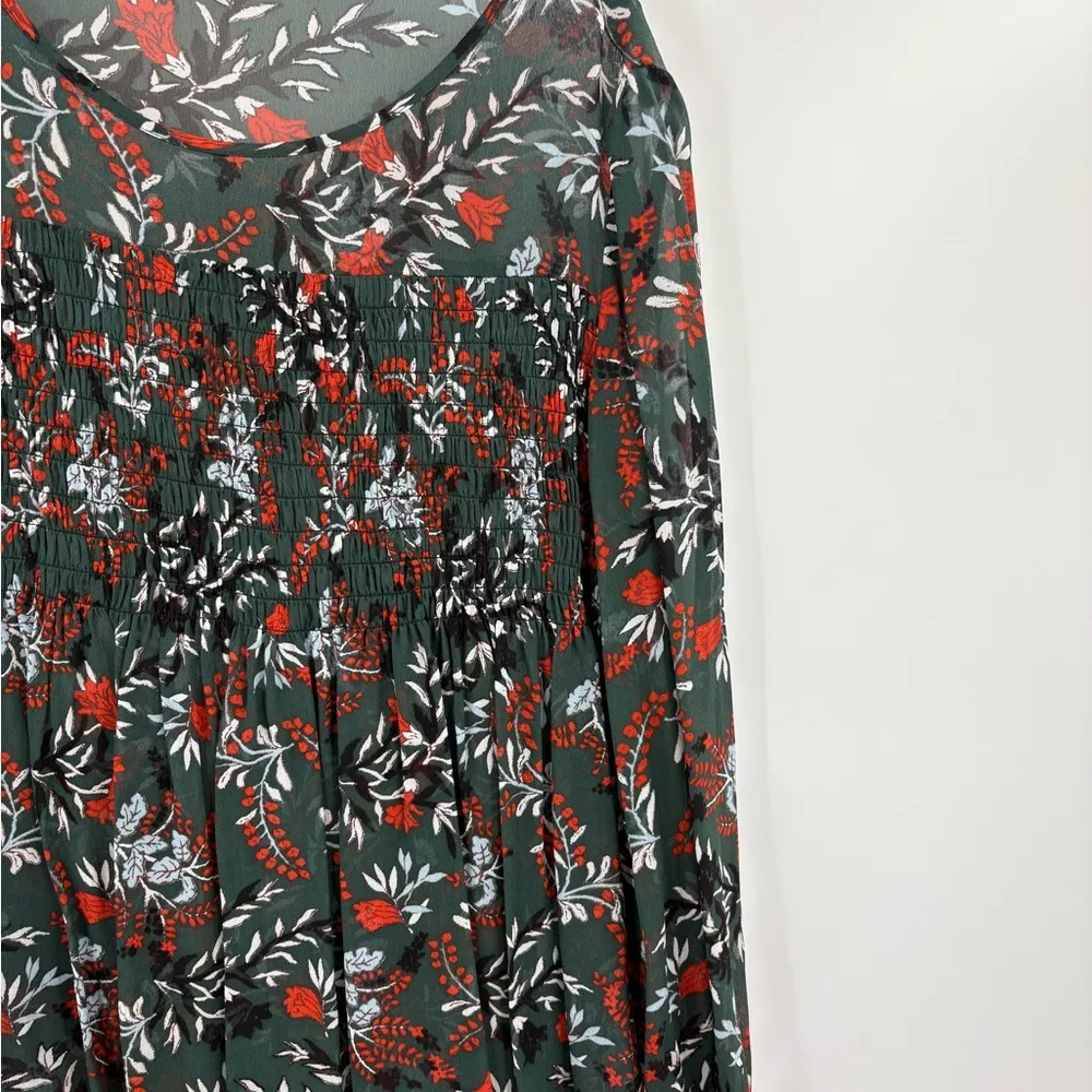 Maje Paris Green Floral Lo Fleur Crepe Georgette Top Sheer Smocked Blouse Large - Image 6