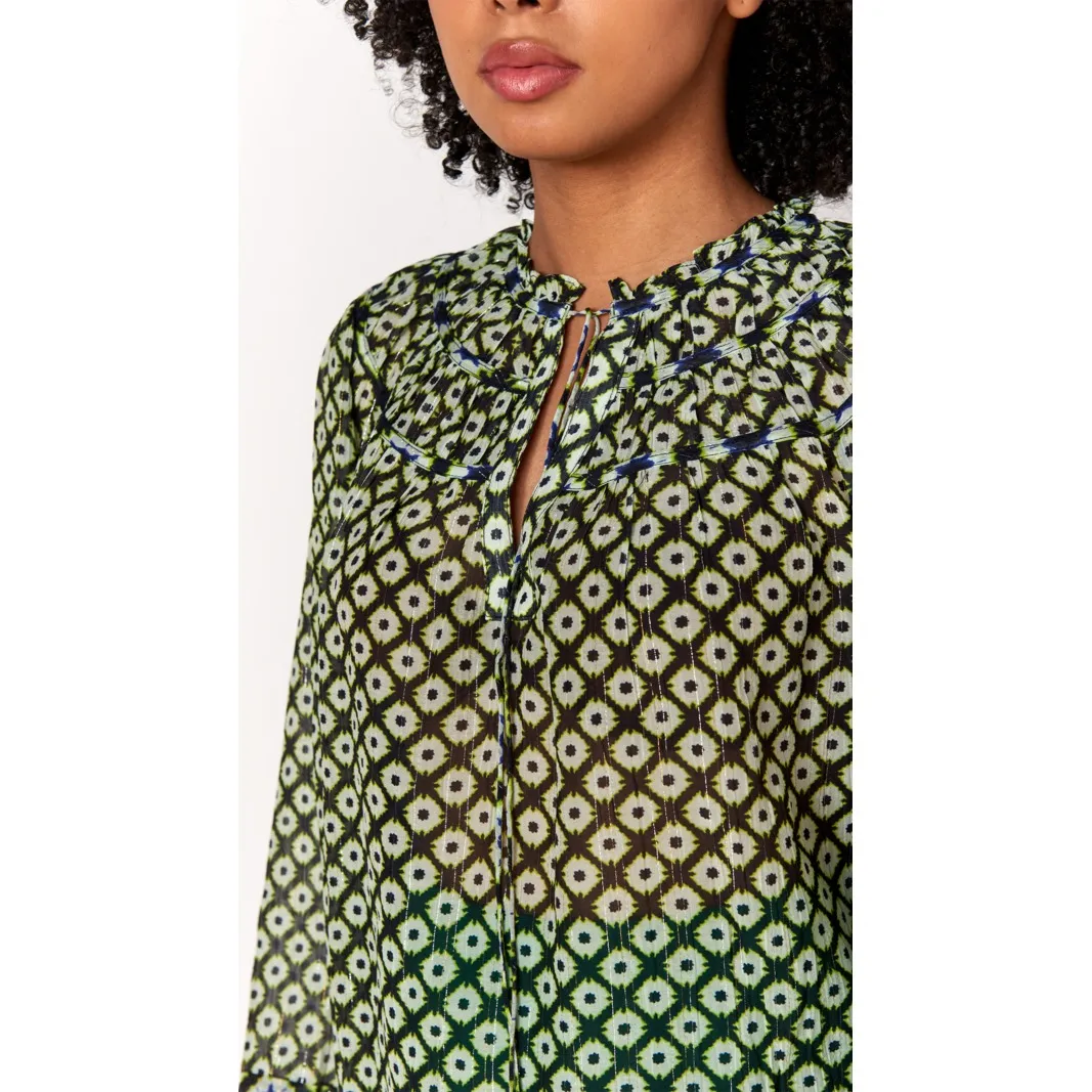 MARIE OLIVER‎ STORI SILK BLEND BLOUSE LATICE SHIBORI CITRUS EUC SIZE XS - Image 4