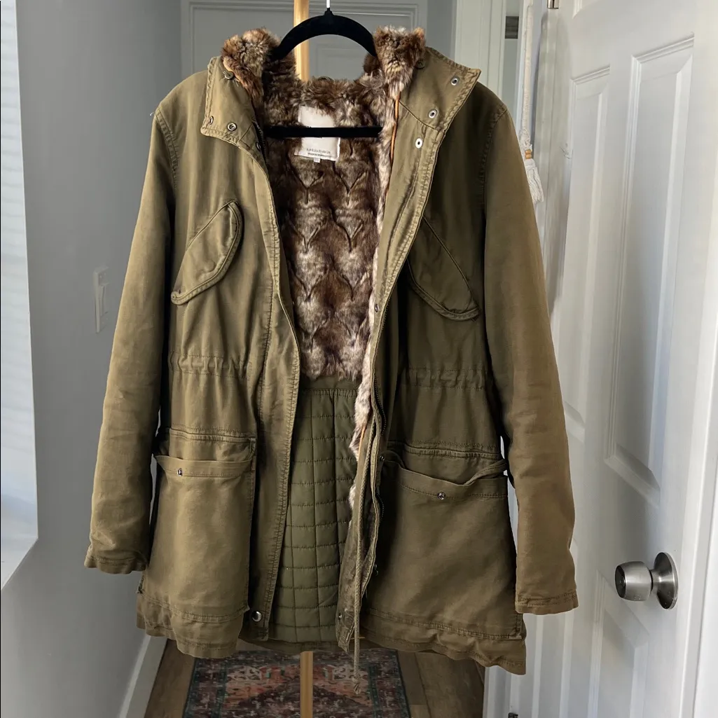 Zara Olive Green Fur Lined Thick Warm Military Parka Size Small - Image 2