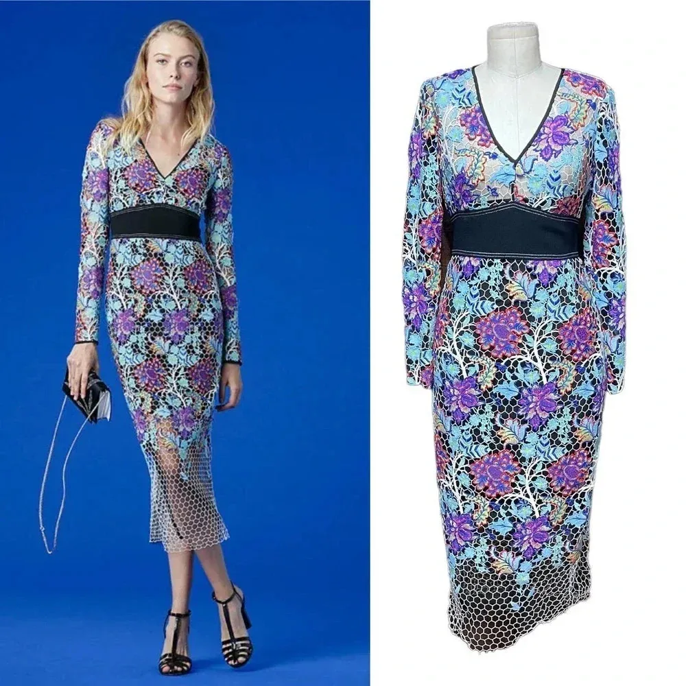 Diane von Furstenberg Long-Sleeve‎ Banded Overlay Lace Midi-Length Dress Size 0 - Image 3