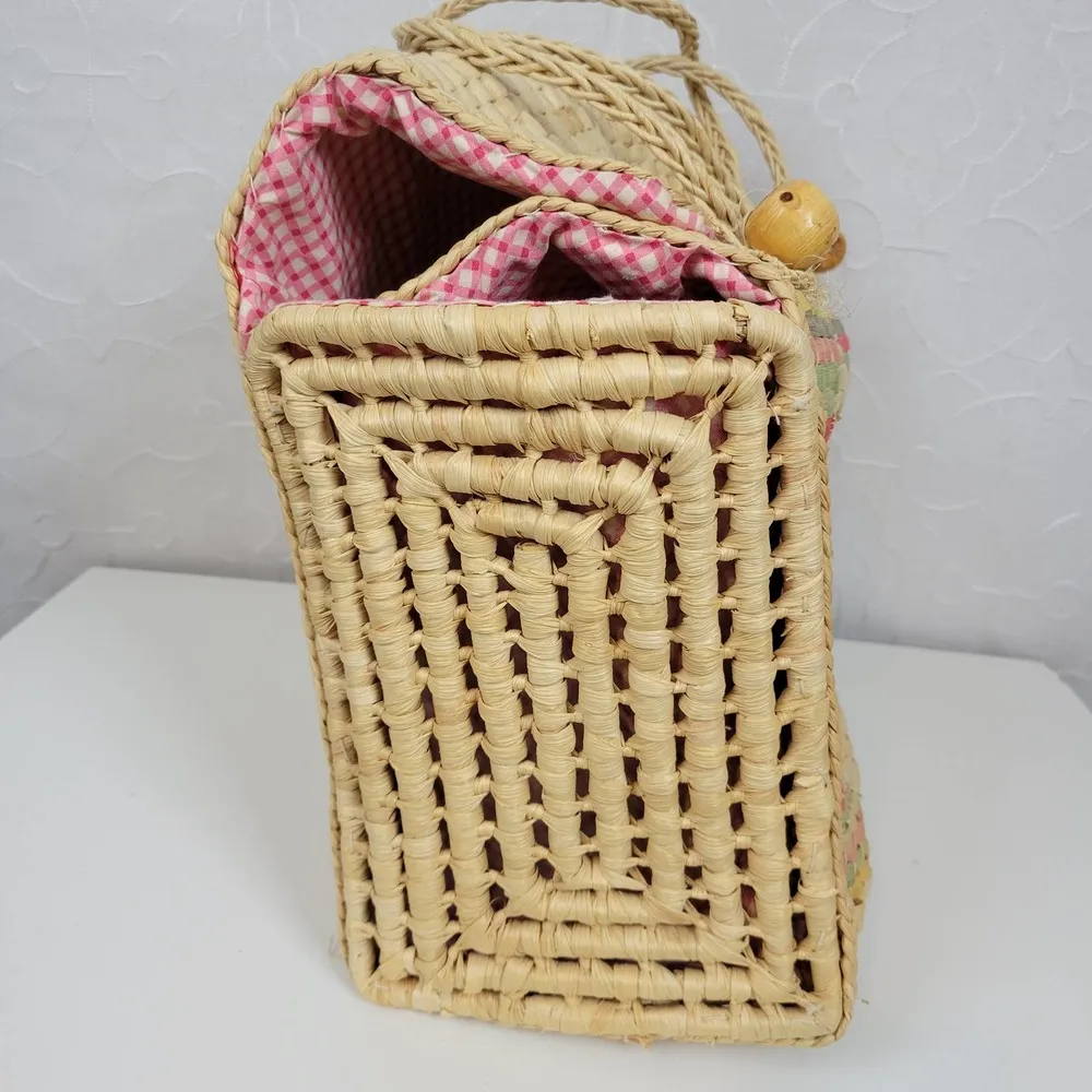 Vintage Woven Straw Seagrass Picnic Basket Bag Cotton Lined Beach Summer Day Out - Image 3