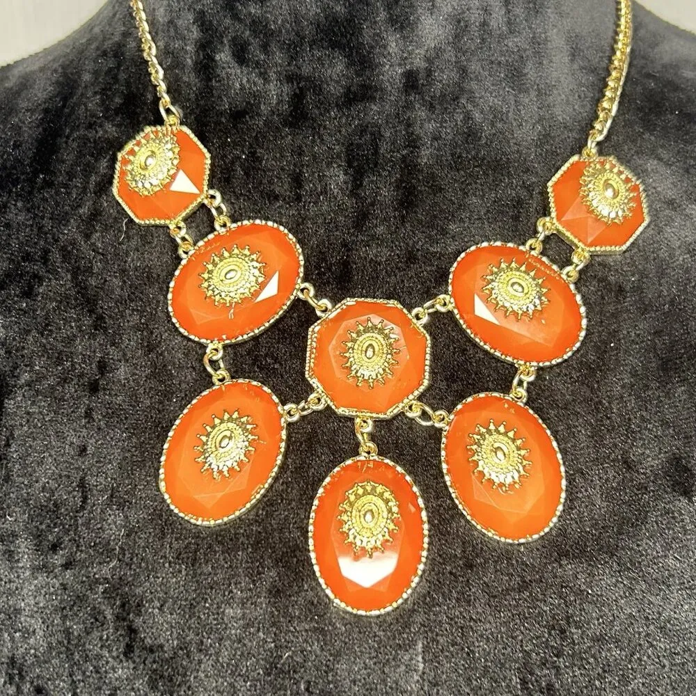 NEW Charming Charlie Statement Necklace Orange w/ Gold Tone Accents & Chain 22" - Image 2