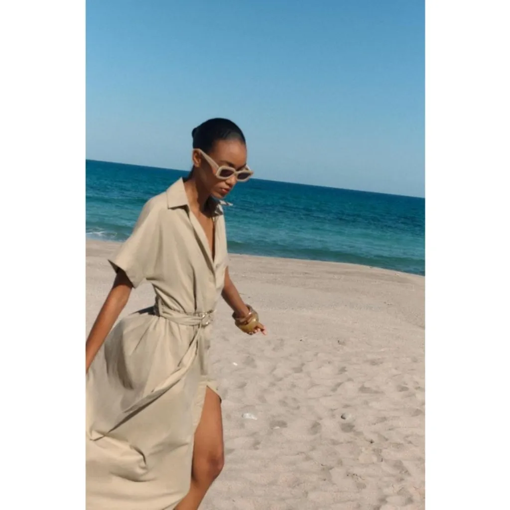 💕ZARA💕 Linen Blend Midi Dress ~ ShirtDress Neutral Light Beige Large - Image 3