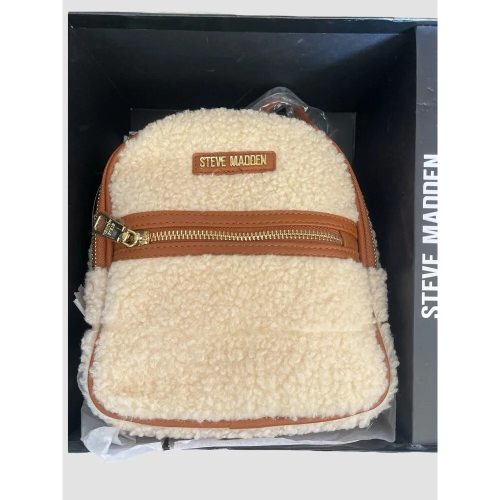 Steve madden Cream / Brown Sherpa Mini Backpack With Card Case Sets Gifting NIB - Image 2