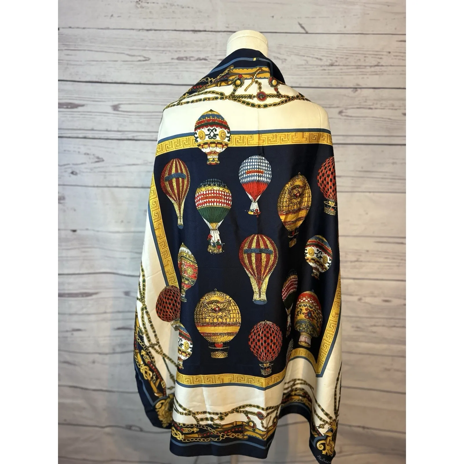 Patricia Paris 34x34 Scarf Hot Air Balloon & Jewelry Chain Print Navy Gold - Image 2