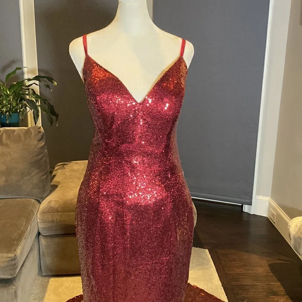 Women’s Burgundy Fully Sequined Mermaid Style Prom Party Dress Size S NWT - Image 2